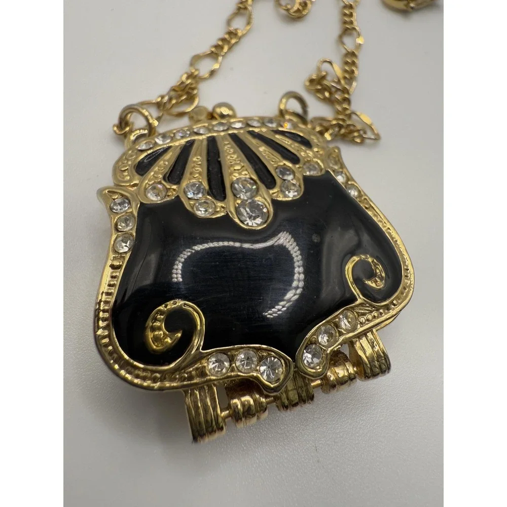 Gold Tone Purse‎ Locket Necklace Black Enamel Rhinestone Hinged Art Deco Style